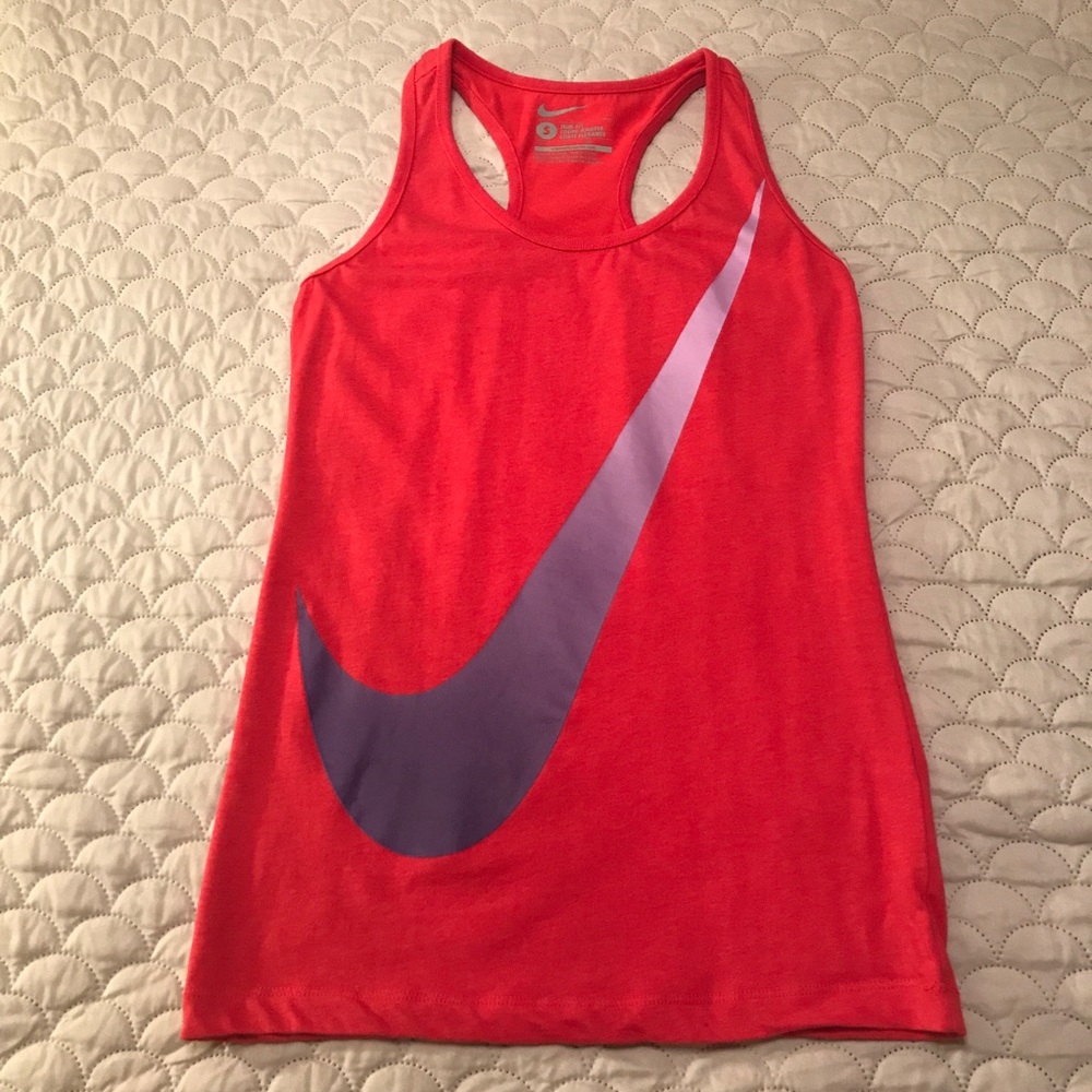 NIKE Workout Tank Top Shirt, Red w/ purplish-blue logo, Women’s Small / Slim Fit
